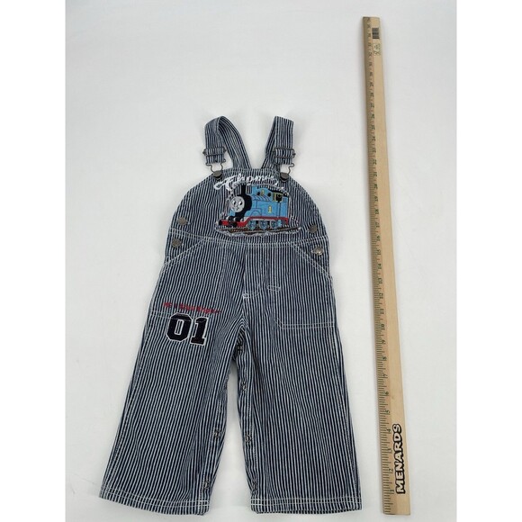 Vintage Y2K Boys Thomas The Train Pinstripe Overalls Denim Jeans Embroidered 18M - Picture 9 of 12